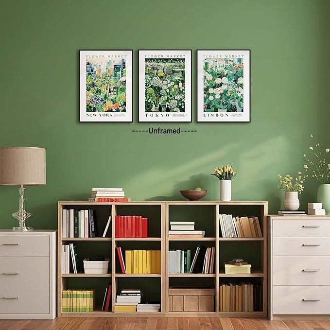 XLARTMY Flower Market Wall Art Prints Canvas Green Yellow White Floral Paintings Colorful Botanical Travel Flower Posters for Home Decor Pictures Set of 3 for Living Room Bedroom 12x16in Unframed