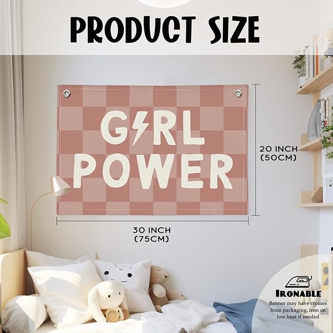 Pink Girls Room Wall Decor Banner, Girl Power Linen Canvas Banner, Inspirational Wall Hanging Decor for Little Toddler Baby Girls Room Playroom