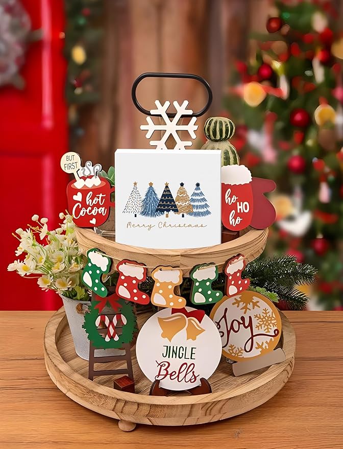 Navy Blue and Gold Christmas Tree Wooden Box Sign, Preppy Christmas Desk Decor, Merry Xmas Tree Winter Holiday Wood Signs for Home Office Desk Shelf Tabletop Decor,Decorative Signage 5x5 Inch