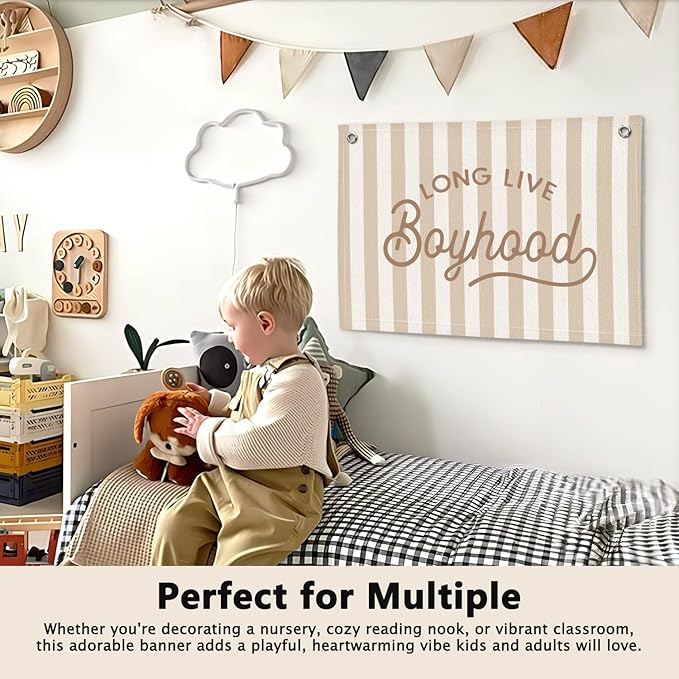 Long Live Boyhood Beige Striped Boys Room Decor - Linen Banner Wall Hanging Canvas Banner Flag Decor for Toddler Boy Bedroom Nursery Playroom