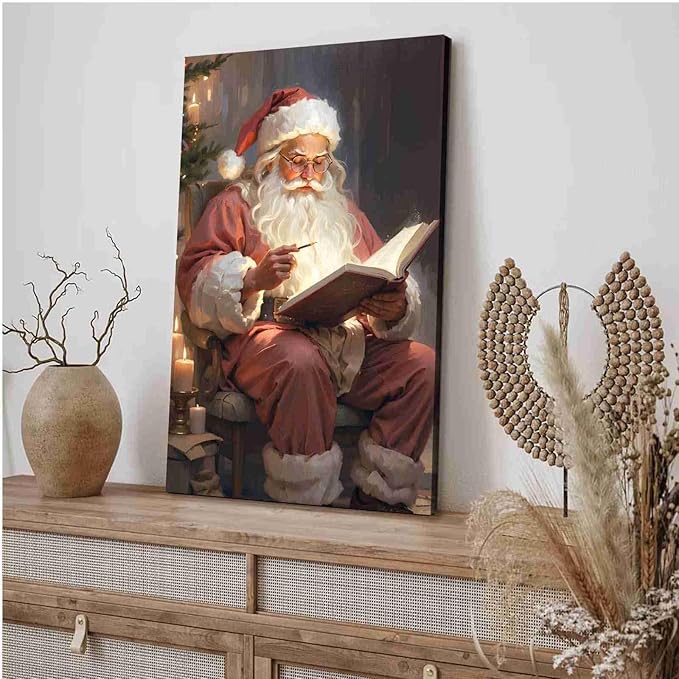 Framed Canvas Wall Art Vintage Christmas Wall Art Santa Writing Book Oil Painting Cottagecore Decor Academia Christmas Decor Winter Print 8x12in Wood Framed