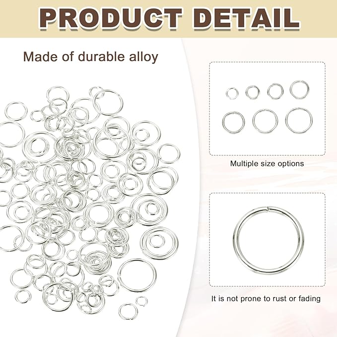 MECCANIXITY Jump Rings for Jewelry Making, 6 Sizes Alloy Open Jump Rings for Keychains Earings DIY Craft(White, 880Pcs)