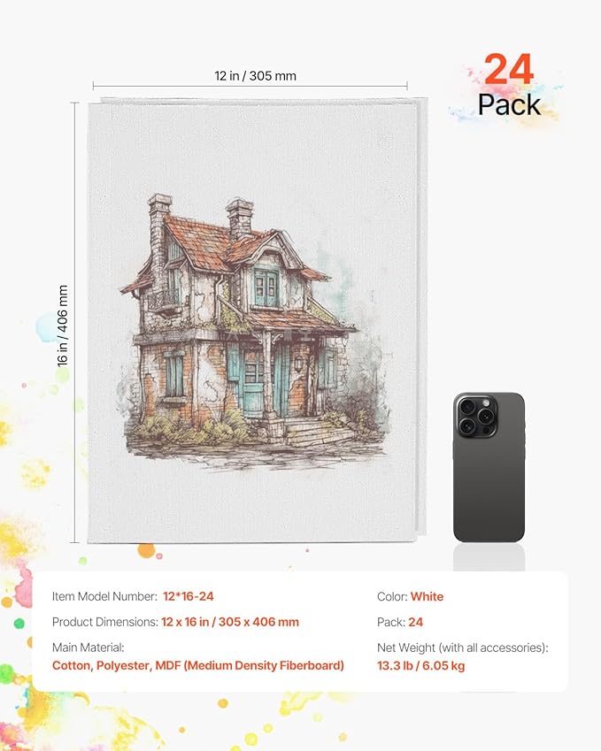 VEVOR Canvas Boards for Painting, 12 x 16 Inch White Canvases for Painting, 24 Pack Painting Canvas Panels for Sketching, Acrylic and Oil Painting, Watercolor, Paint Canvas for Kids and Professionals