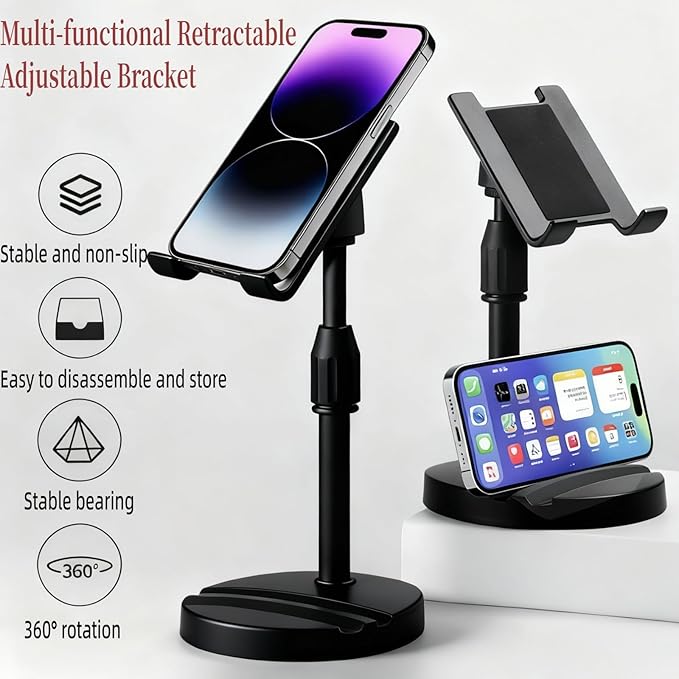 Versatile Dual Phone Holder Mount, Adjustable Height & 360° Rotation, Ergonomic Stand for Simultaneous Phone and Tablet Use, Perfect for Home, Office, and Travel