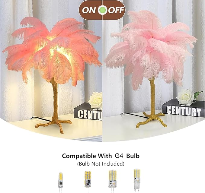 Pink Feather Lamp Romantic Ostrich Feather Bedside Lamp with Gold Resin Stand Coconut Fuzzy Table Lamp G4*3 Bulb Nordic Nightstand Light for Bedroom Living Room Entryway Christmas Gift