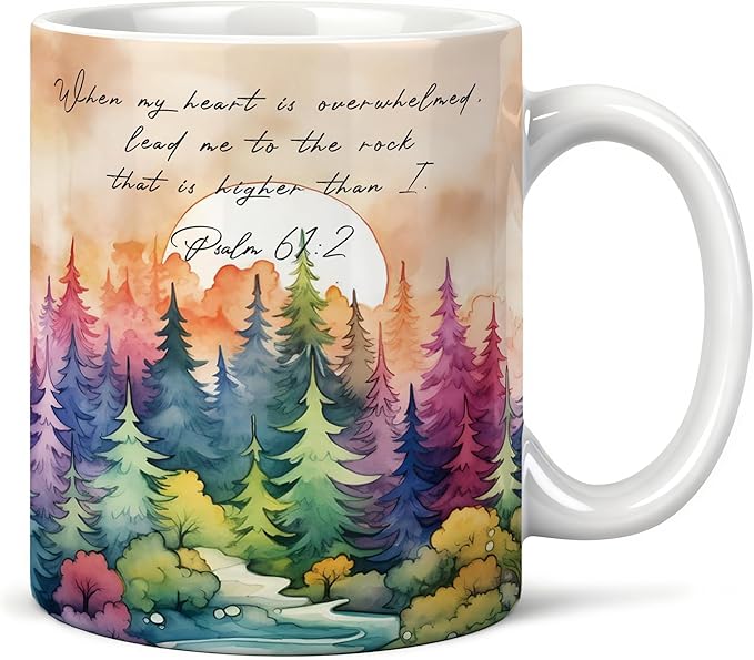 Inspirational Christian Mug 11 oz, When My Heart Is Overwhelmed Psalm 61:2 Bible Verse Coffee Cups Ceramic, Watercolor Forest Religious Ceramic Mug for Coffee Tea Hot Cocoa Home Office Work