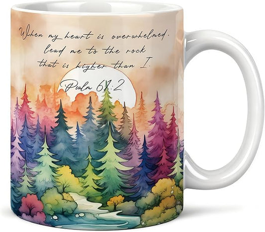 Inspirational Christian Mug 11 oz, When My Heart Is Overwhelmed Psalm 61:2 Bible Verse Coffee Cups Ceramic, Watercolor Forest Religious Ceramic Mug for Coffee Tea Hot Cocoa Home Office Work