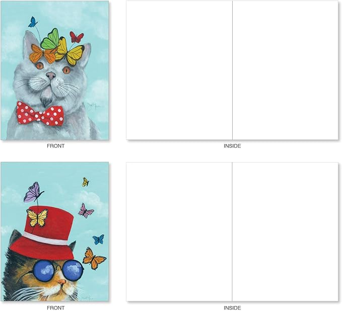 The Best Card Company 20 Assorted Blank Notes Bulk Box Set 4 x 5.12 Inch with Envelopes (10 Designs, 2 Each) Butterfly Cats AM7375OCB-B2x10