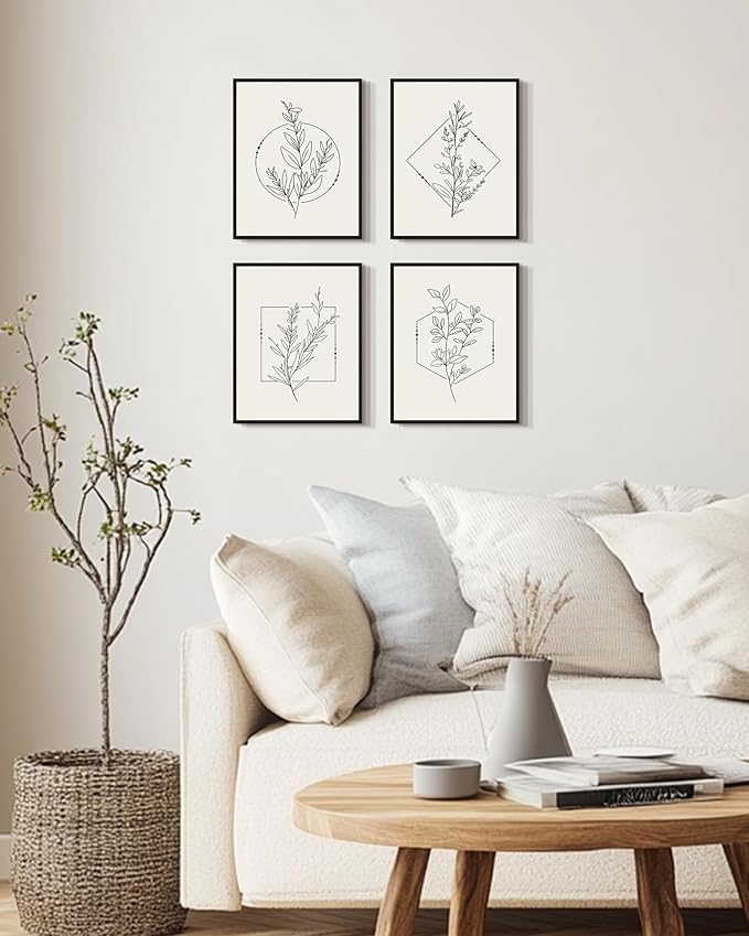 Drsoum Botanical Flower Boho Framed Wall Art Wooded Minimalist Aesthetic Floral Prints Farmhouse Retro Plants Rustic Bathroom Kitchen Home Decor Ready to Hang 8x10inx4pcs (Black Framed)