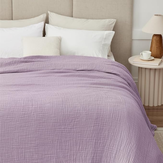 100% Cotton Muslin Blanket Twin XL 66" x 90", Breathable and Cooling Bed Blankets, Soft Boho Coverlet Bedspread, Gauze Bedding for Adults All Season, Purple, Lavender