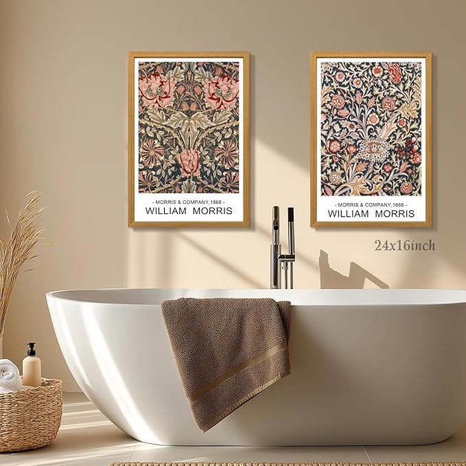 LLEEMPI William Morris Wall Art Set of 3, Vintage Botanical Wall Decor, Rustic Farmhouse Canvas Painting, Classic Minimalist Poster Prints for Bedroom Bathroom Office Wood Framed 12x16 Inch