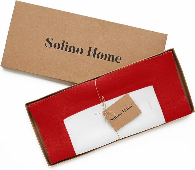 Solino Home Linen Table Runner 60 Inches - 100% Pure Linen Red and White Small Table Runner 14 x 60 Inch Ideal for Dresser and Coffee Tables - Contempo - Valentines, Winter
