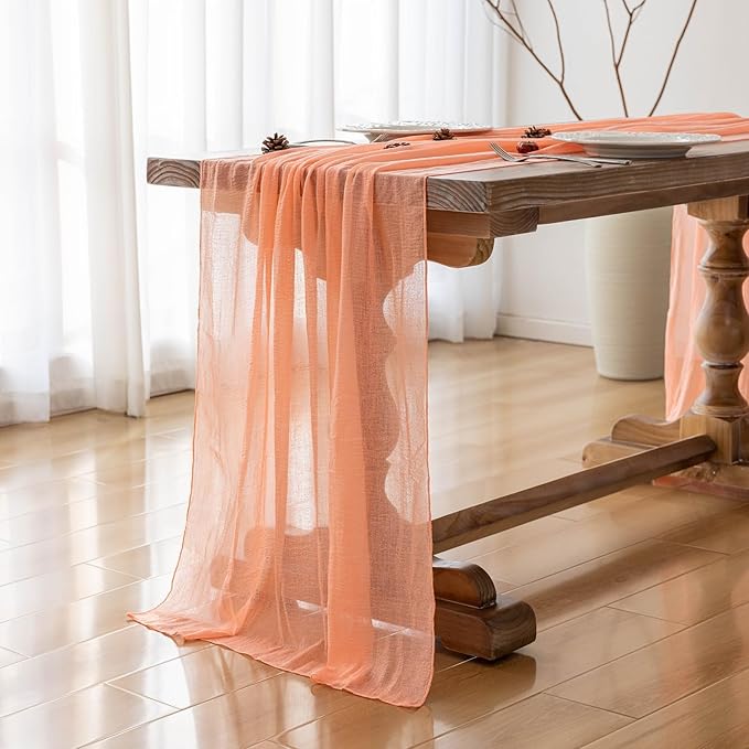 Keketoarrange Fresh Salmon Cheesecloth Table Runner Valentines Decor Peach Echo Gauze 120 Inch 10 FT Boho Table Runner for Wedding Baby Shower Bridal Shower Party Sheer Spring Home Decorations