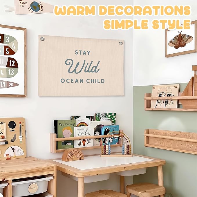 Nursery Wall Decor,Stay Wild Ocean Child Coastal Linen Canvas Banner, Nursery Decor Hanging Flag Kids Room Playroom Nursery Wall Art, Retro Classroom Coastal Room Decor, 30x20 Inch