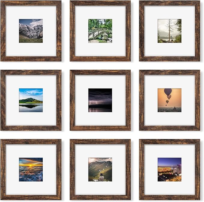 8x8 Picture Frame Set of 9, Photo Gallery Wall Frame Set, Display Pictures 4x4 with Mat or 8 x 8 Without Mat, Square Frame Picture Frames Collage Wall Decor, Rustic Brown