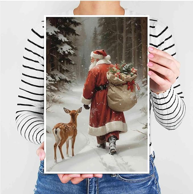 Canvas Wall Art Vintage Santa Claus Print Christmas Wall Art Reindeer Painting Christmas Holiday Decor Winter Forest Painting 24x36in-UnFramed