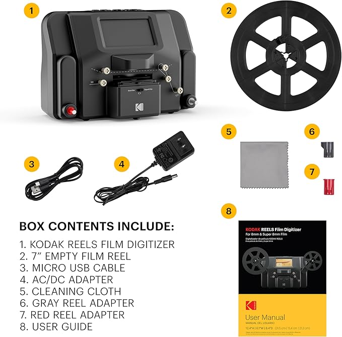 KODAK REELS 8mm & Super 8 Films Digitizer Converter with Big 5” Screen, Scanner Converts Film Frame by Frame to Digital MP4 Files for Viewing, Sharing & Saving on SD Card for 3” 4” 5” 7” and 9” Reels