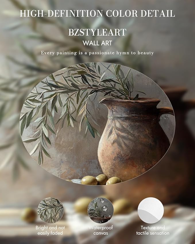 Bzstyleart Vintage Wall Art Decor,Gold Framed Wall Art 12 x 16 Inch Pottery Jar Olive Branch for Office,Canvas Picture Print Painting for Bedroom Living Bathroom Dorm