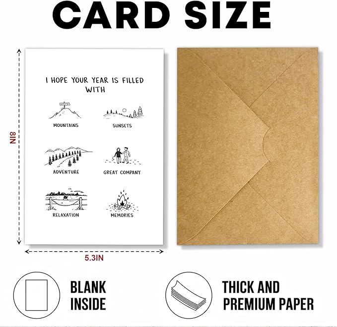 (5.3x8in) Hope Your Year Is Filled With Adventure New Year Card with Envelope, Minimalist Black and White Line Art Greeting, Inspirational Holiday Card for Friends, Family, Coworkers (Xmas 39)
