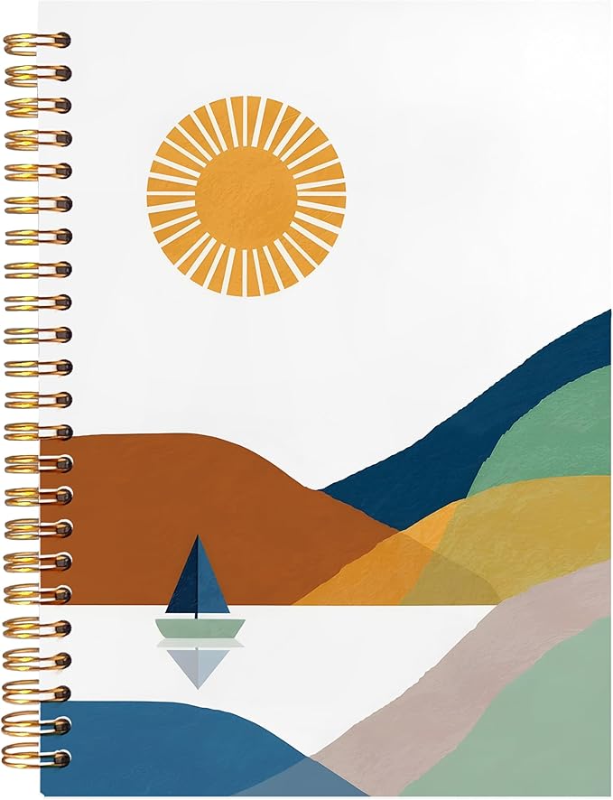 BearCake Boho Sun Mountain Spiral Notebook,I freaking love Sailing and Canoeing Sun and sailboat retro journal,Hardcover Spiral Notebook 5.5x8.3