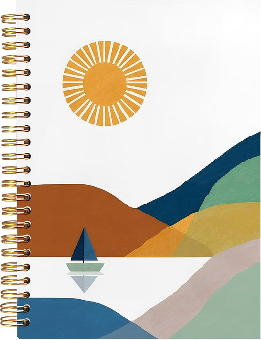 BearCake Boho Sun Mountain Spiral Notebook,I freaking love Sailing and Canoeing Sun and sailboat retro journal,Hardcover Spiral Notebook 5.5x8.3
