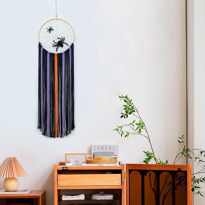 LB Halloween Black Macrame Wall Hanging, Spooky Halloween Wall Art Boho Dream Catcher Orange and Purple Handmade Spider Web Woven Tapestry for Bedroom Living Room Nursery Office Backdrop, 10x32 Inch