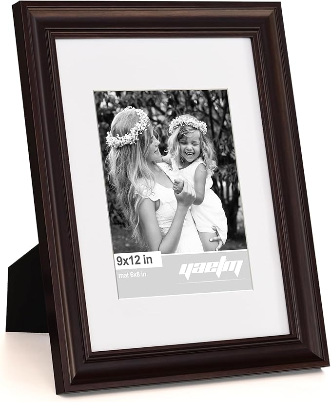 Yaetm 9x12 Picture Frame Matted to 6x8 Set of 4, 1.4” Wide Molding & Dark Brown Photo Frames 9 x 12 with Tempered Glass, Display on Tabletop & Wall Mounting (4 Pack, Brown)