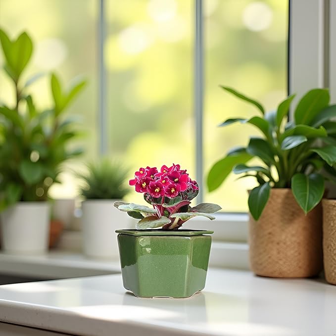African Violet Pots 6 inch Hexagon Self-Watering Ceramic Pots 4.50'' Opening(Green)