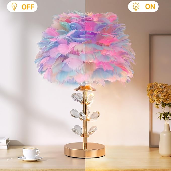 Colorful Feather Lamp Romantic Bedside Nightstand Lamp Creative FfluffyTable Lamp Modern Furry Desk Light for Princess Girls Bedroom Living Room Wedding Christmas Gift Deco Entry Office