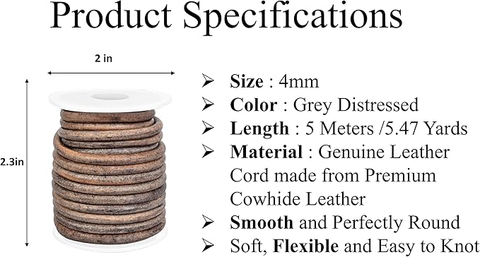 GENIQUE Real/Genuine Round Leather String Cord for Necklace, Bracelets, Jewellery, Braiding (Grey Distressed, 4mm)