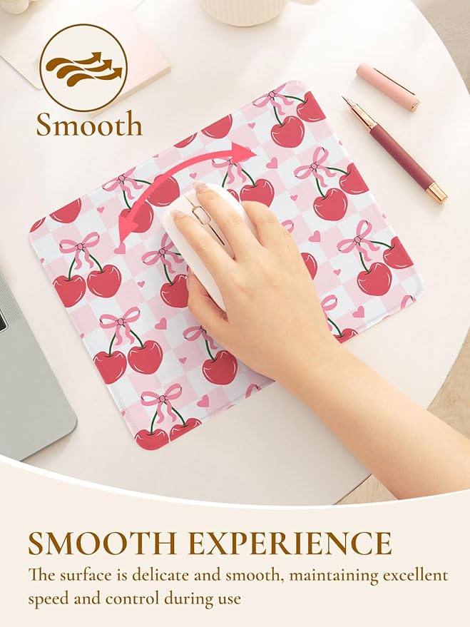 Cute Mouse Pad Red Cherries Pink Bow Heart Plaid Mousepad, Waterproof Mouse Mat Design Cloth, Non-Slip Rubber Base Computer Funny Mouse Pads, Small Mouse Pad Desk Accessories