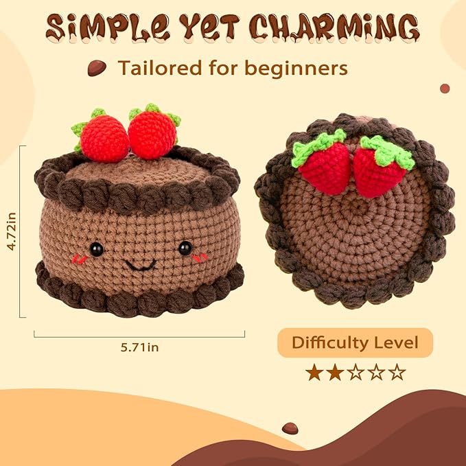 Crochetta Crochet Kit for Beginners, Crochet Starter Kit with Step-by-Step Video Tutorials, Crochet DIY Knitting Supplies for Adults Kids, Chocolate Strawberry Cake(40%+ Yarn)