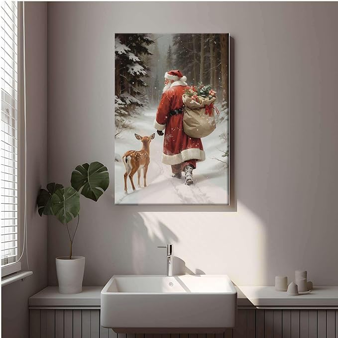 Framed Canvas Wall Art Vintage Santa Claus Print Christmas Wall Art Reindeer Painting Christmas Holiday Decor Winter Forest Painting 8x12in Wood Framed