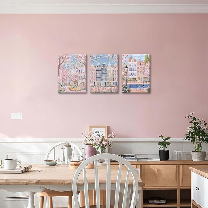 XLARTMY Watercolor City Landscape Travel Wall Art Canvas Framed Pink Cherry Flower Poster Girly Prints Painting Pictures Set of 3 for Bedroom Living Room Office 12x16in