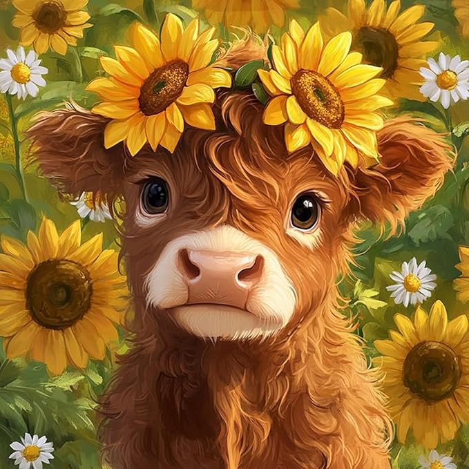 MBNTJHT Highland Cow Paint by Numbers Kit for Adults,Cute Cow and Flowers Paint by Number Kits on Unframed Canvas,DIY Watercolor Acrylic Art Painting Kits for Home Decor Gifts 16X16 Inch.