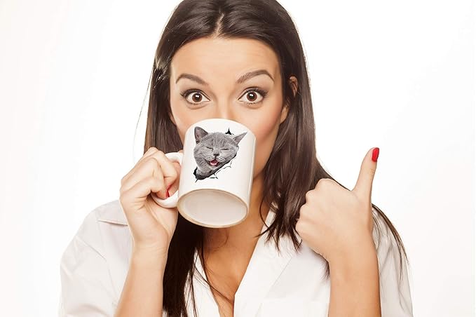 Laughing Grey Cat Coffee Mug - Ceramic Funny Coffee Mug - Perfect Cat Lover Gift - Cute Novelty Coffee Mug Present - Great Birthday or Christmas Surprise for Friend or Coworker, Men and Women (11oz)