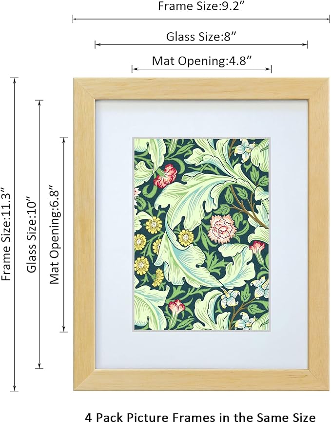 8x10 Picture Frame Made of Solid Wood Photo Frame with Real Glass for Pictures 5x7 with Mat or 8x10 Without Mat, Wall Mount or Tabletop Gallery Photo Frames,Natural,4 Pack