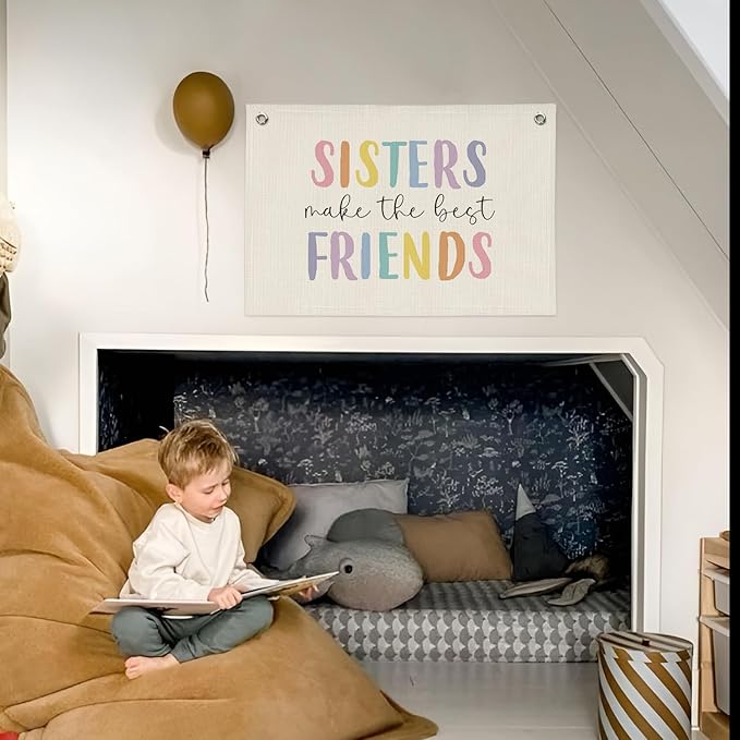 Girls Room Decor, Sisters Make The Best Friends, Canvas Banner Wall Hanging Banner Flag Decor for Nursery Classroom Playroom Kids Room