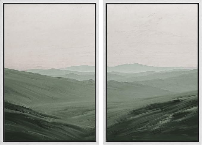 SIGNWIN Framed Canvas Print Wall Art Set Watercolor Green Mountain Valley View Nature Wilderness Illustrations Fine Art Farmhouse Minimal for Living Room, Bedroom, Office - 24"x36"x2 White