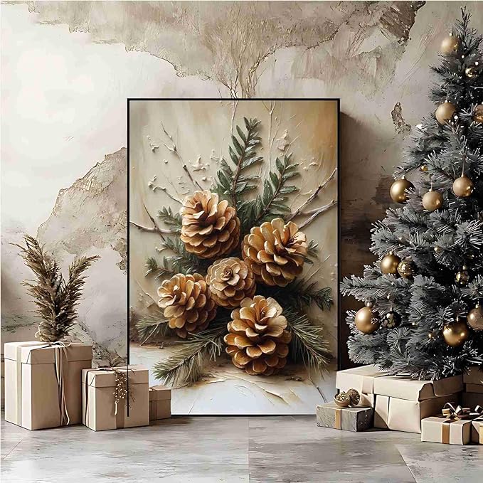 Vintage Christmas Canvas Painting Rustic Nature Print Forest Canvas Wall Art Botanical Wall Decor Brown Green Painting Poster Indoor Decor for Home Offices Living Room Bedroom Framed Ready to Hang