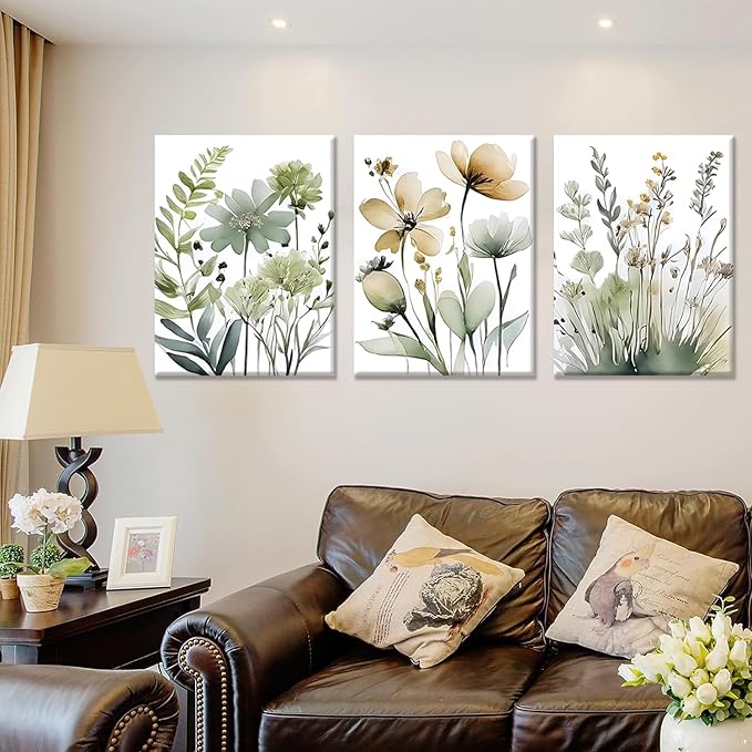 Framed Sage Green Botanical Wall Art Set of 3 Boho Floral Canvas Wall Decor Paintings Minimalist Flower Posters Prints Pictures for Bedroom Bathroom Living Room12x16 Inch