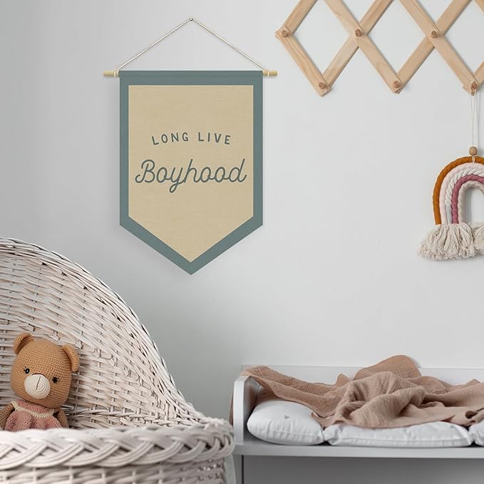 Boys Room Decor, Long Live Boyhood Linen Canvas Banner, Boy Nursery Wall Hanging Pennant Flag Banner for Boys Kids Toddler Room Bedroom Playroom Decor, 15x11in - Blue