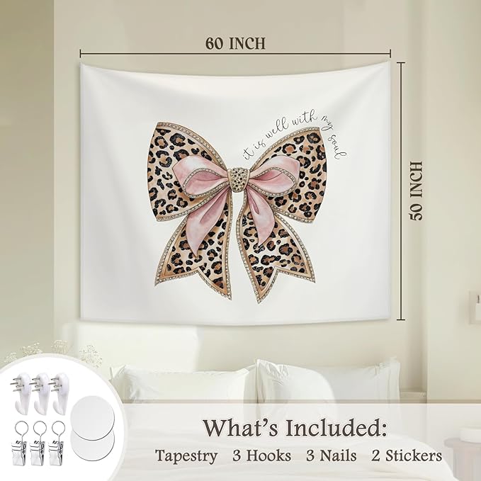 STHTTSW Christian Leopard Bow Tapestry Aesthetic, It Is Well With My Soul Tapestries Wall Blanket, Girly Religious Wall Hanging Decor for Girl College Dorm Apartment Bedroom Church, 50x60 Inch