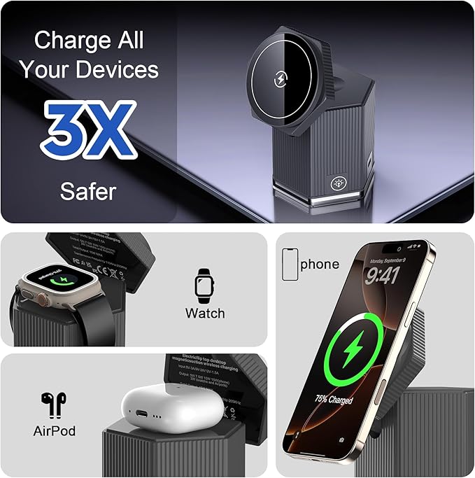 QFUP 5 in 1 Charging Station for Apple iPhone MagSafe Charger, Fast Wireless Charger Stand (1*USB and 2*Type-C) for iPhone 16,15,14,13,12 Series, Apple Watch, AirPods
