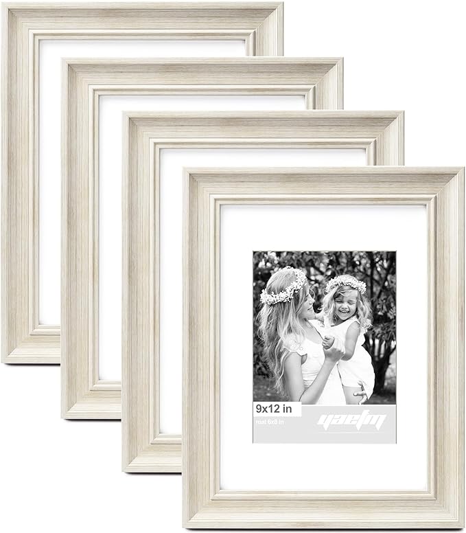Yaetm 9x12 Picture Frame Matted to 6x8 Set of 4, 1.4” Wide Molding & Rustic White Photo Frames 9 x 12 with HD Tempered Glass for Wall Gallery, Home and Office, Wall Mount (4 pack, White)