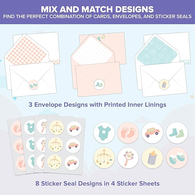 Decorably 24 Pack Gold Foiled 4x6in New Baby Cards Congratulations with Envelopes and Stickers, 8 Adorable Designs Baby Shower Cards Pack with Printed Message Inside