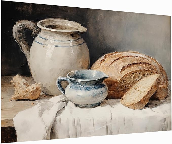 Country Kitchen Wall Art-Still Life Pottery,Moody Kitchen Still Life Painting,Bread Still Life Art,Sourdough Bread Still Life Print,Farmhouse Print,Kitchen Home Decor16x24Unframed