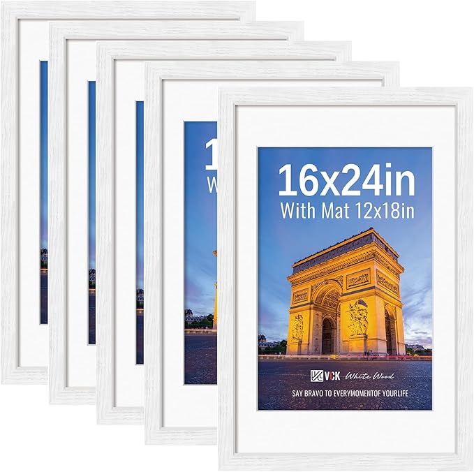 VCK 16x24 Picture Frames White Set of 5, Wide Border Wood, Display 12x18 Photo with Mat or 16 x 24 without, for Home, Office, Gallery, Woodgrain Series, Wall Hanging