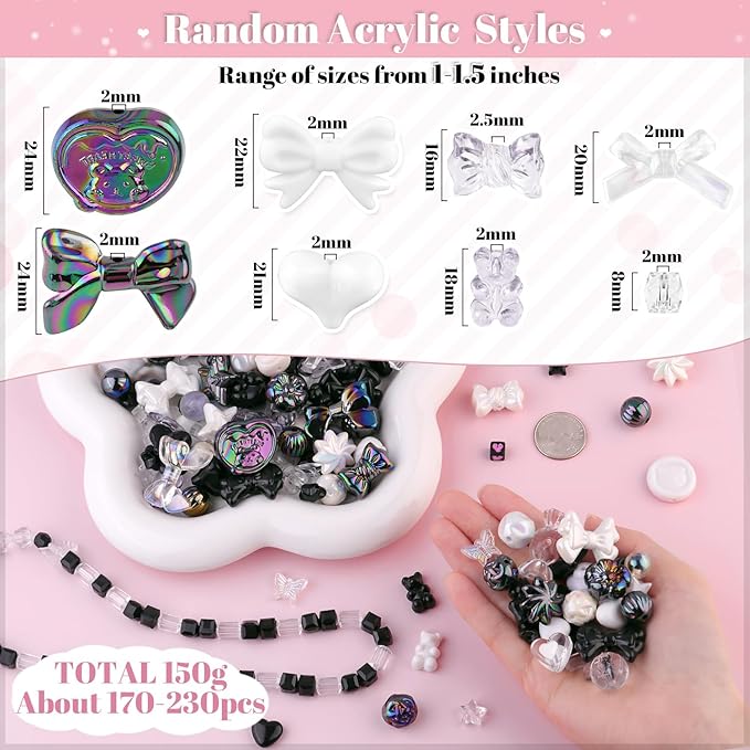 200-260PCS TINKRSTUFF Assorted Acrylic Beads Black Cute Beads for Bracelet Making, Flower Bow Butterfly GummyBear Kawaii Charms, Aesthetic Bead for Necklace Keychain Jewelry Making DIY Phone Charm