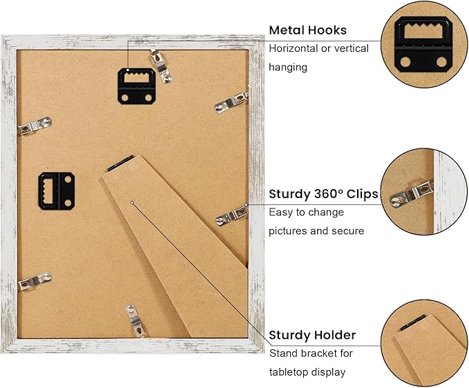 8x10 Picture Frame Set of 9, Display Pictures 5x7 with Mat or 8 x 10 Without Mat, Multi Photo Frames for Wall Mounting or Table Top Display, Distressed White